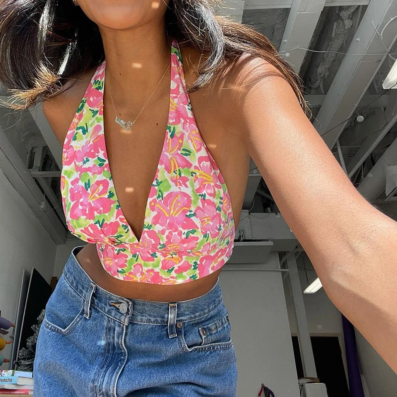 camisole Vintage Y2K Bohemian Floral Print Crop Top Summer Beach Style Sexy V-neck Backless Halter Cami Top Women Aesthetic Streetwear cami top