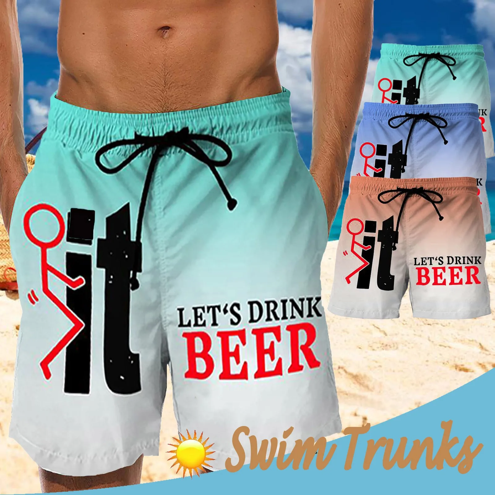 Men’s Drawstring Board Shorts trunks New Casual Printed Gradient Beach Work Board Shorts Swim Trunks mayo sungas de praia homens