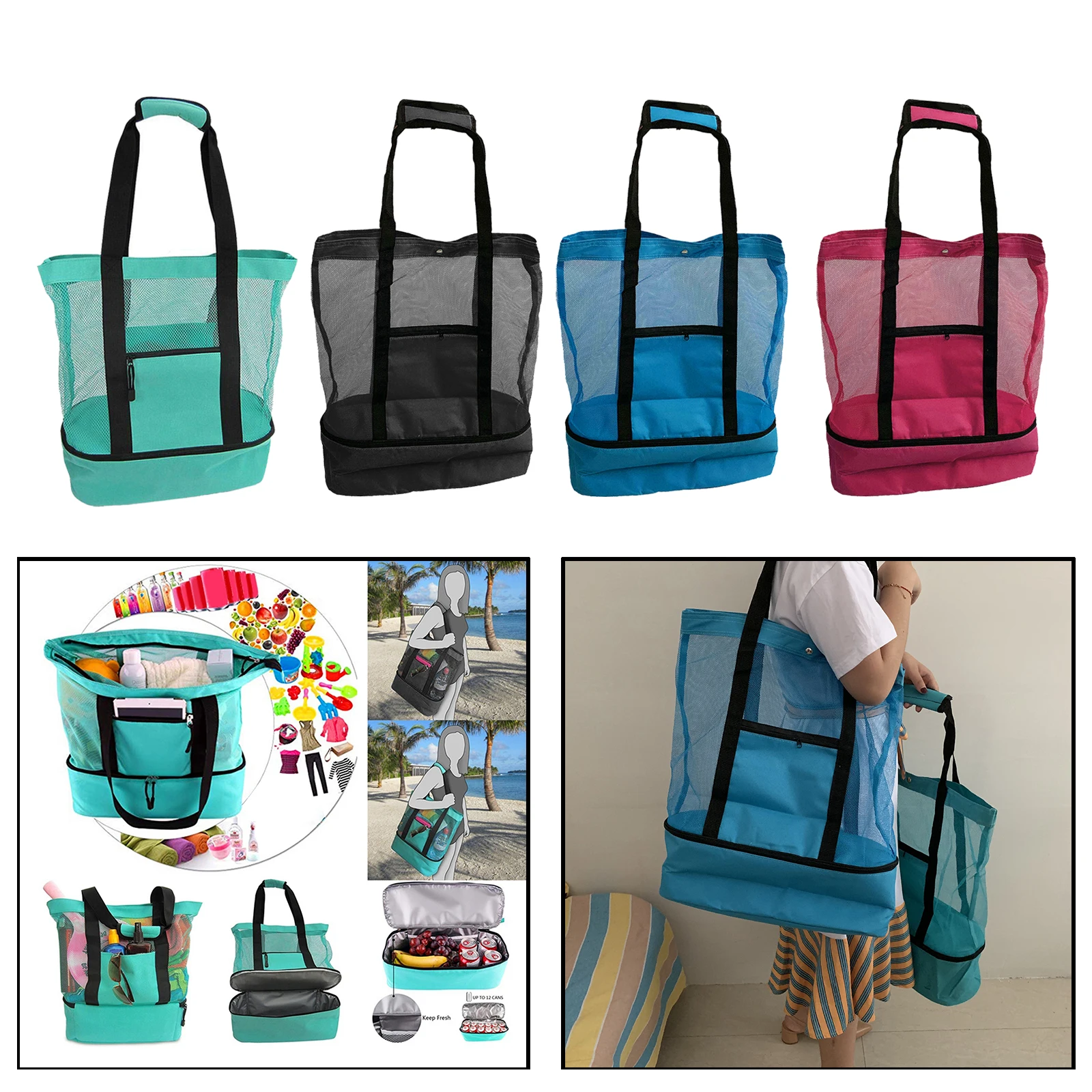 Mesh Beach Bag Oversized Lightweight Tote Bag for Women Picnic Bag Travel Bag With Pockets Zippers Insulated Picnic Cooler 