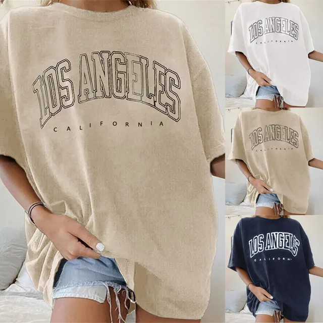 Meladyan Women Casual Los Angeles Letter Print Short Sleeve Tee Shirt  Oversized Summer Round Neck Shirts Blouse Tops Apricot at  Women's  Clothing store