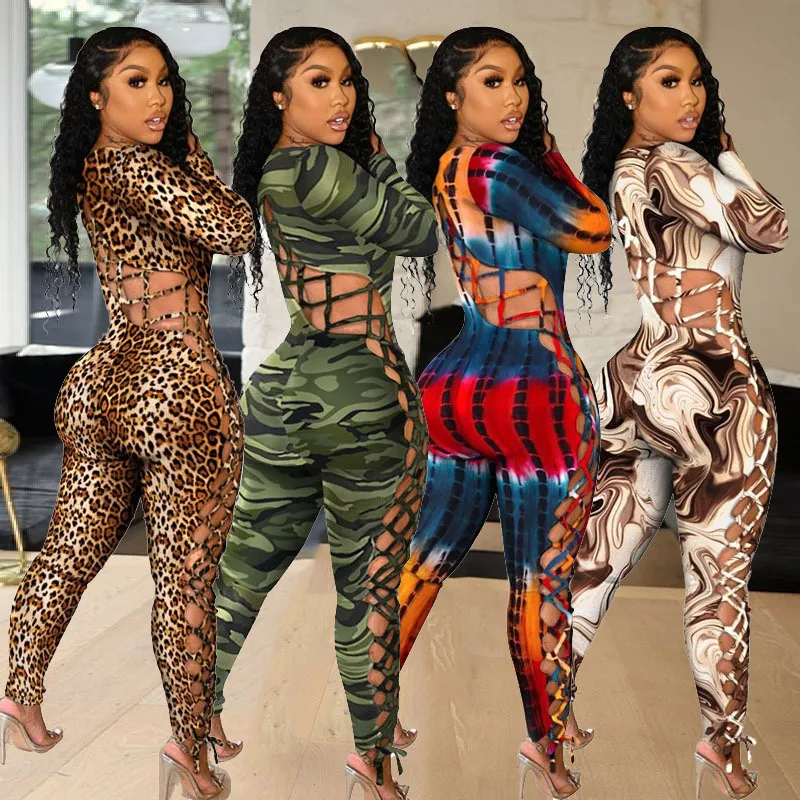 Large size ladies jumpsuit new autumn and winter hot style long-sleeved sexy low-cut tether tight-fitting printed hollow women's shorts and blazer suit set