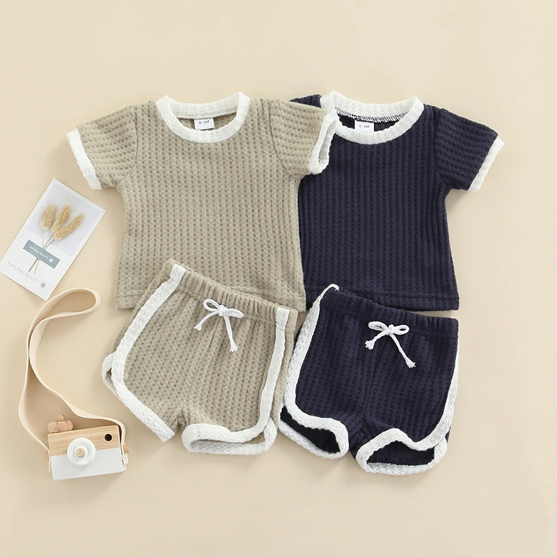 stylish baby clothing set Newborn Baby Two Piece Set, Infant Boy Girl Solid Color Ribbed Round Neck Casual Short Sleeve Shirt Tie Up Shorts baby outfit matching set