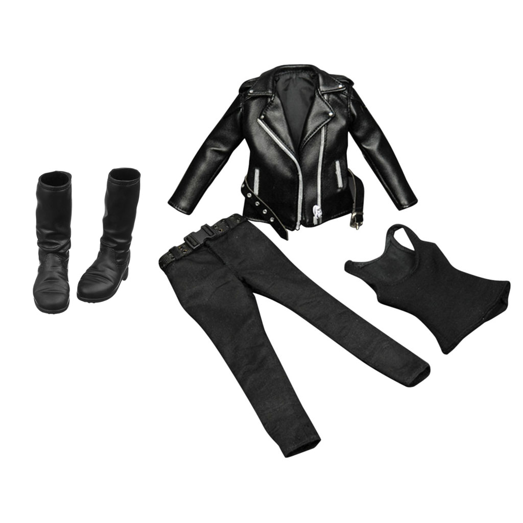1/6 Scale Female Clothing Black PU Leather Jacket Pants Vest Long Boots for 12