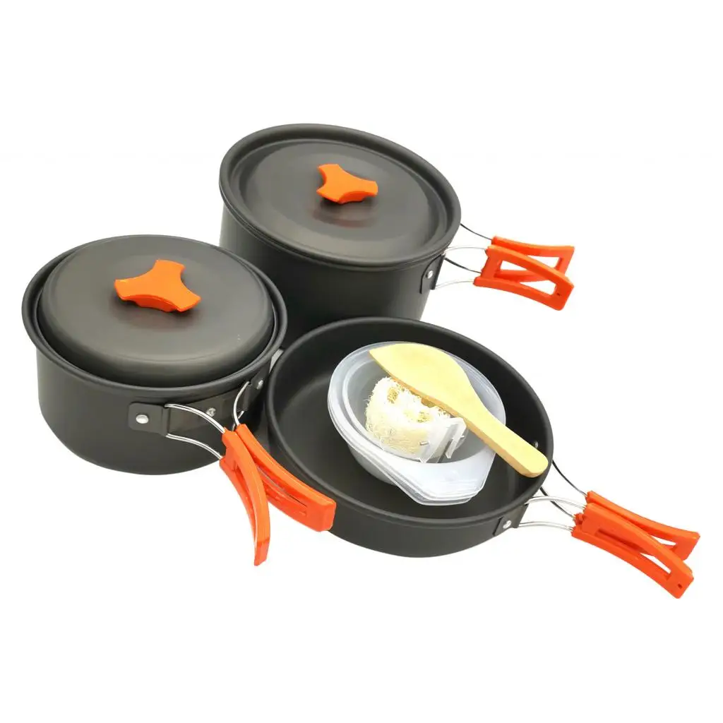 Camping Cookware Mess Kit, Aluminum Lightweight Folding Camping Pots and Pans Set for 2-3 Persons, Carry Bag Included