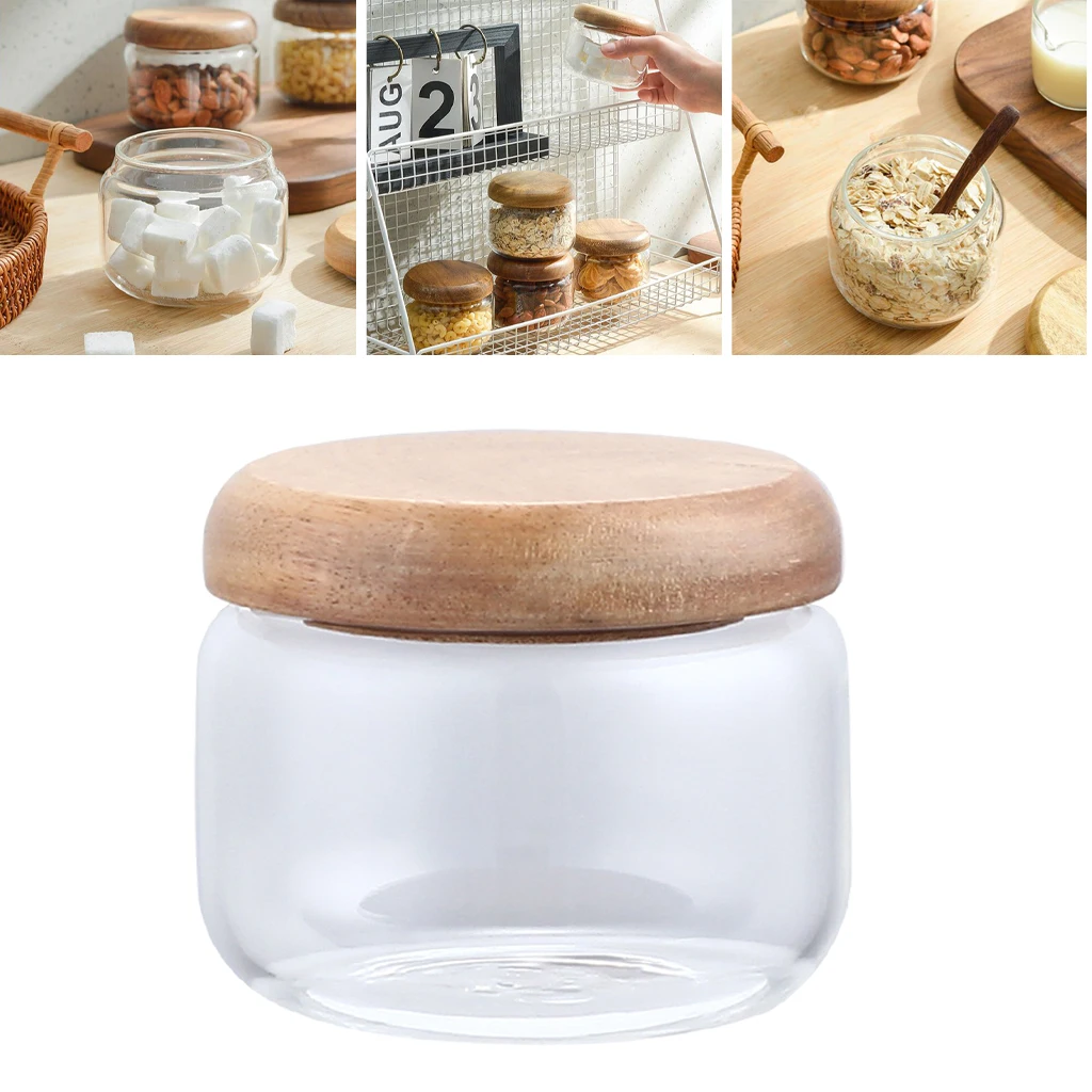 Small Glass Jars with Wood Lids 10oz Orgnizer Container Clear for Sealed Food Grains Candy Beans Cookie