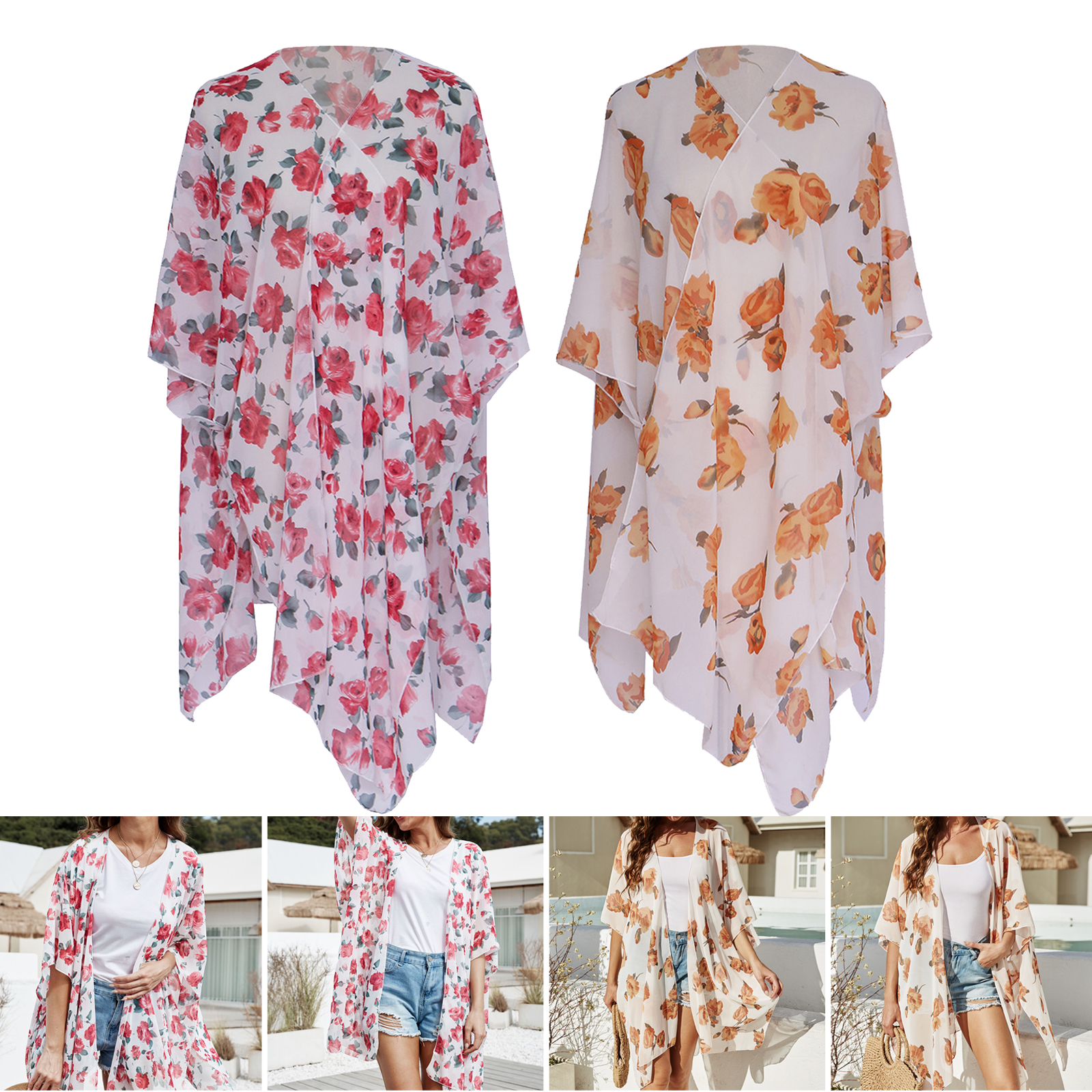 Sexy Beach Bikini Cover up Dress, Beautiful Floral Chiffon Swimsuit Covers Kimono Cardigan for Women Ladies Girls