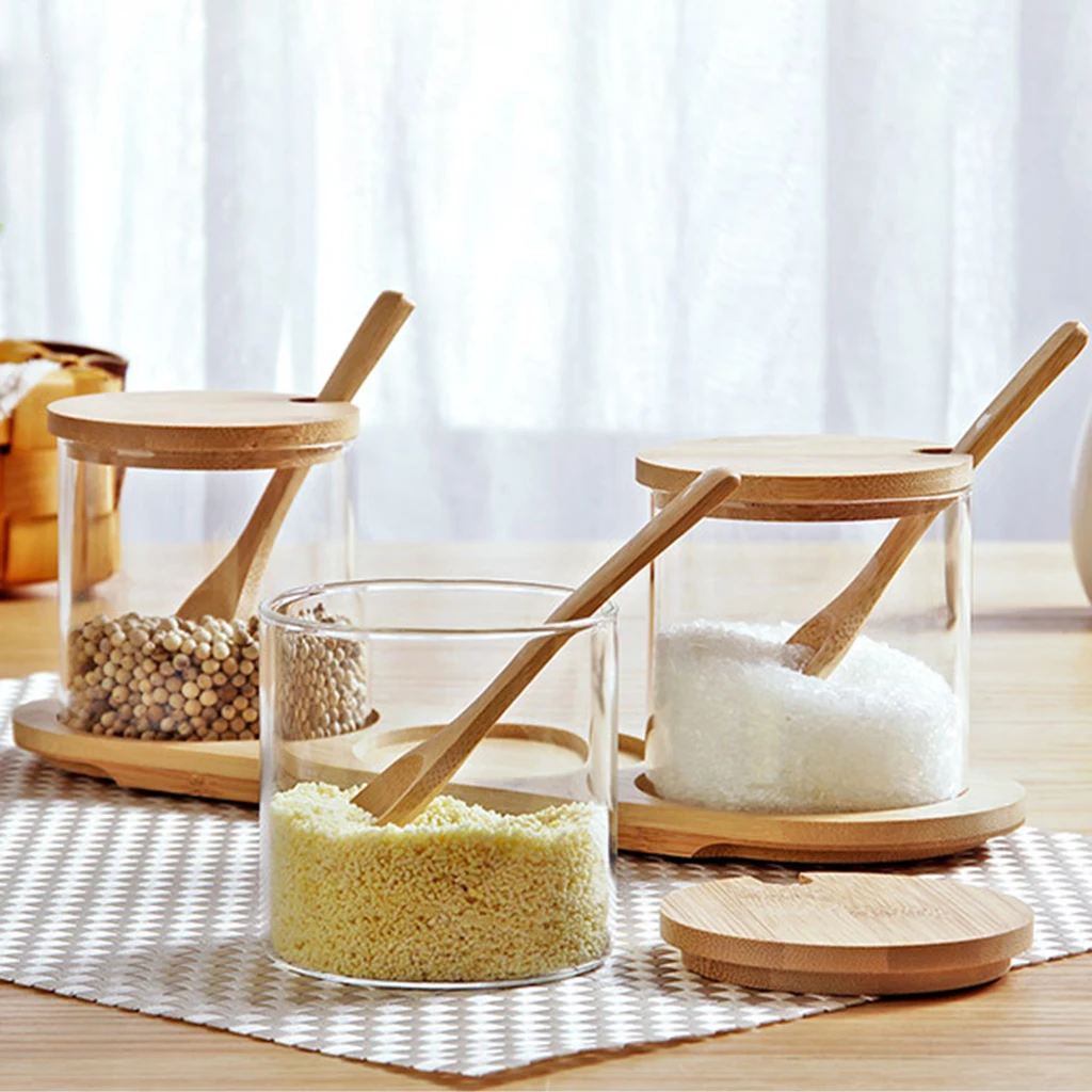 Kitchen Spice Storage Glass Jars Canister Set with Lids, Base Tray & Spoon, Salt Pepper Pots Coffee Organizer Bottle Kitchen Spice Storage Glass Jars Canister Set with Lids, Base Tray & Spoon, Salt Pepper Pots Coffee Organizer Bottle