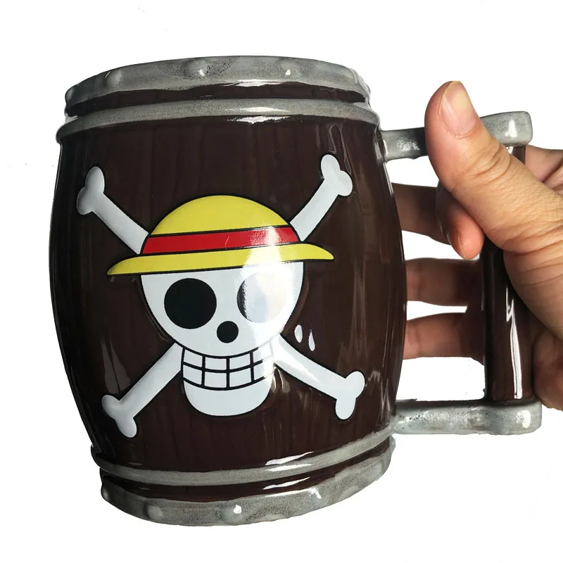 One Pirate Skull Piece Cute Cartoon Beer Mugs with Handle Creative One Piece Wooden Barrel Shape Coffee Ceramic Cups