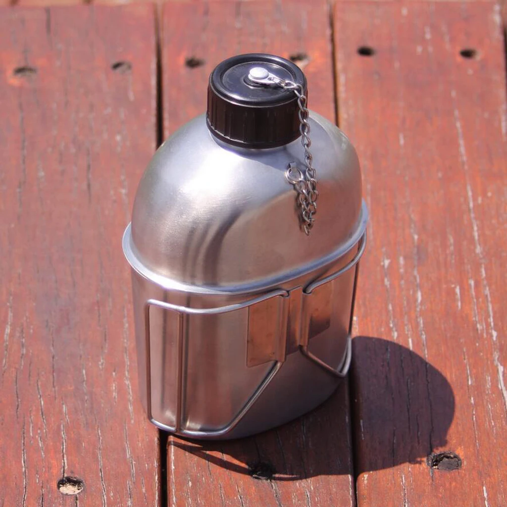 1L Stainless Steel Canteen with 0.6L Water Cup Pot for Camping Hiking Backpacking Travel and other Outdoor Sports