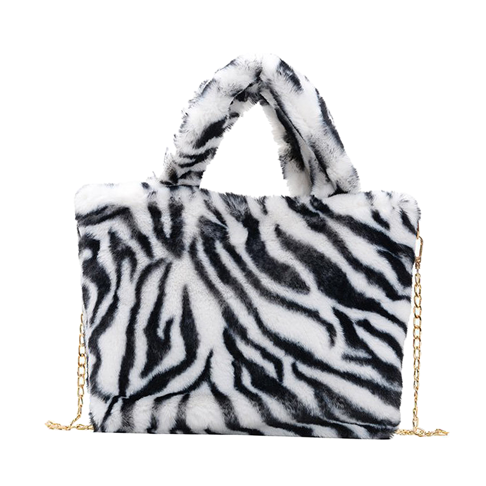 Soft Faux Fur Shoulder Bag Womens Plush Handbag Tote Leopard Print Chain Strap