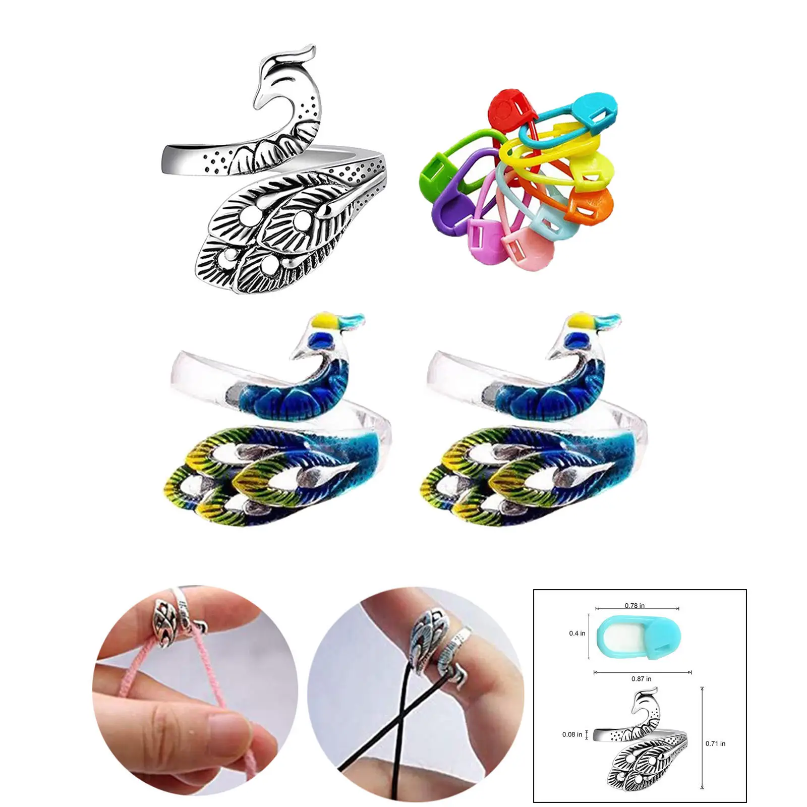 Crochet Ring Kit Silver Peacock Adjustable Knitting Loop 2x Colorful Yarn Guide Ring for Crocheting and Faster Knitting