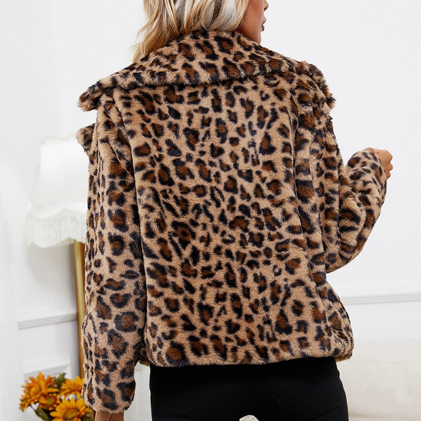 leopardo, casaco de pelúcia fofo solto, outwear