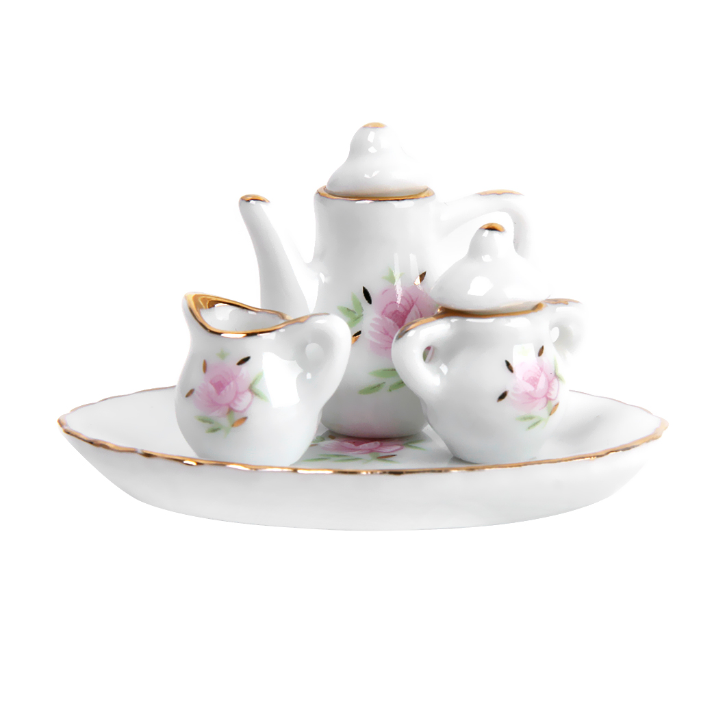 Impressão com Guarnição Bonecas Casa Miniatura Porcelana Chá Conjunto Rosa Flor Dourada 8 Pçs 3 Brinquedos de cozinha