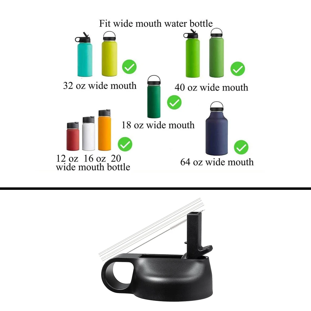 Wide Mouth Straw Lids Accessories Matching 2 Straws and 1 Cleaning Brush fit 12 oz - 64 oz Most Sport Water Bottle