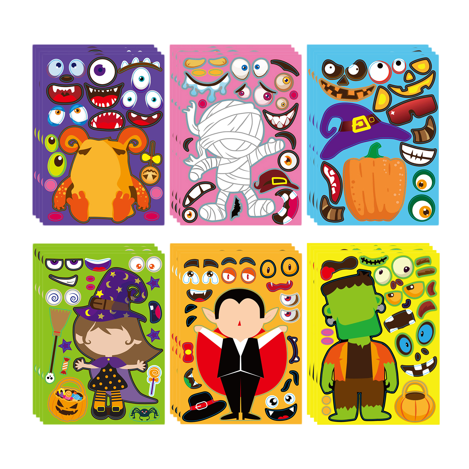 24Sheets/set Kids Funny Puzzle Games Make A Face DIY Halloween Jigsaw Stickers Gift Creative Stickers Toys Gift