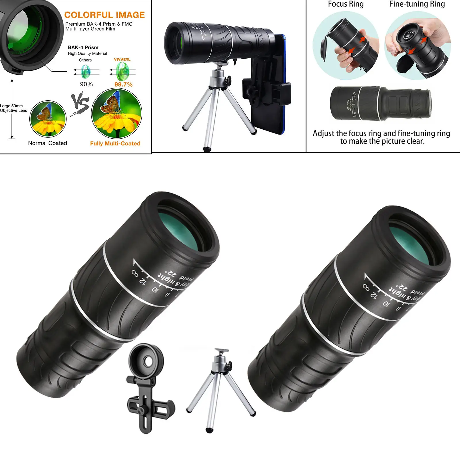 40X60 HD Monocular Telescopes Night , Bak4 Prism and Fully Multi-Coated Lens