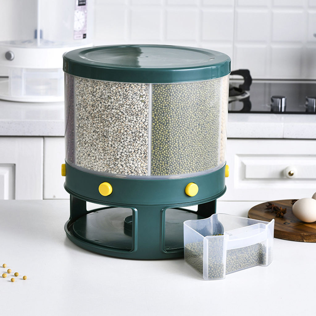 Kitchen Rice Dispenser Dry Grain Storage Container Box Case 6-Grid Rotating