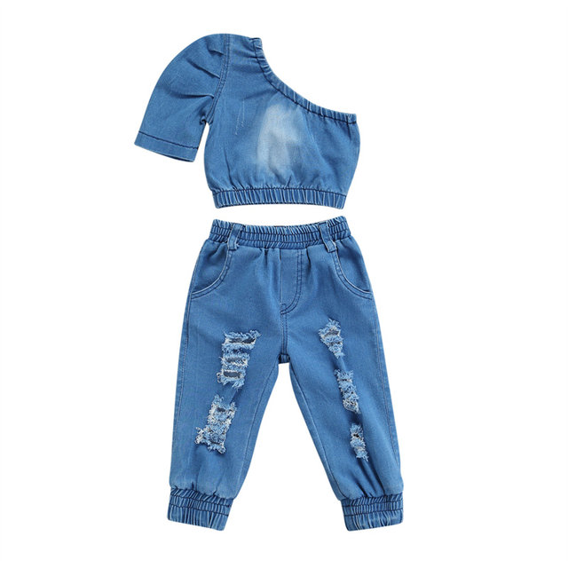 Kids Girl's Piece Set Solid Color One-shoulder Denim T-shirt