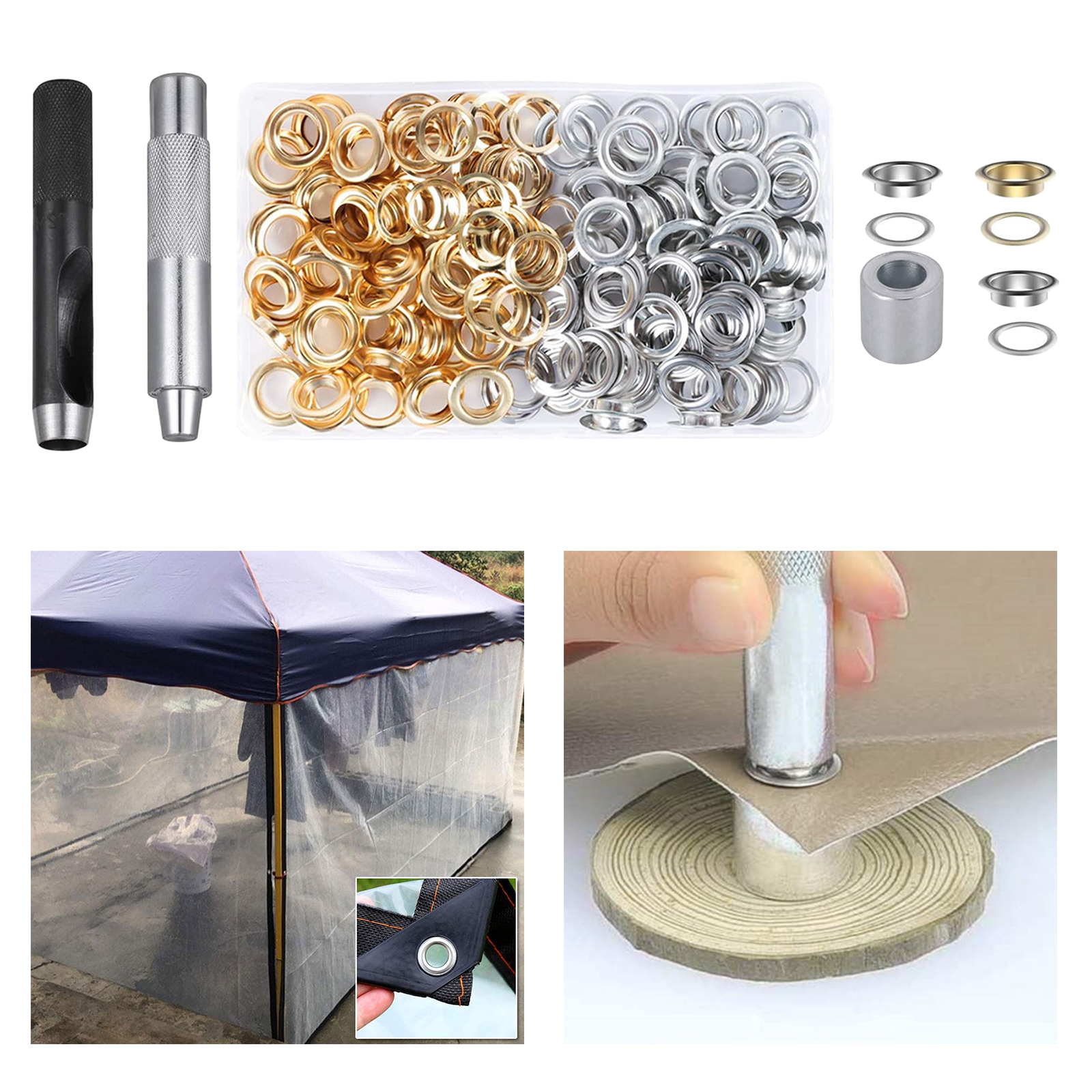 120 sets Grommet Eyelets with Washer, 3 Grommet Setting Tool Storage Box for Tarpaulin Fabric Craft Making Leather Crafting