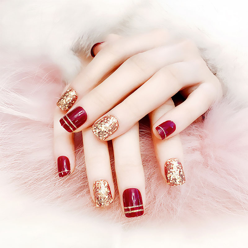 Falsas com Glitter Curto Vinho Vermelho Prego Arte Unhas Dourado Champanhe Casamento Unha Ponta Completa Hjl2022 24 Pçs 4 Unhas postiças