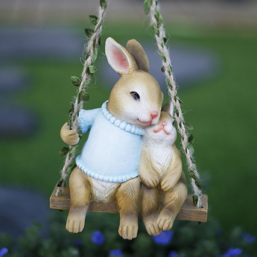 Rabbit Statue Hand Painted Sculpture Model Farm Tree Wall Hanging Decoration