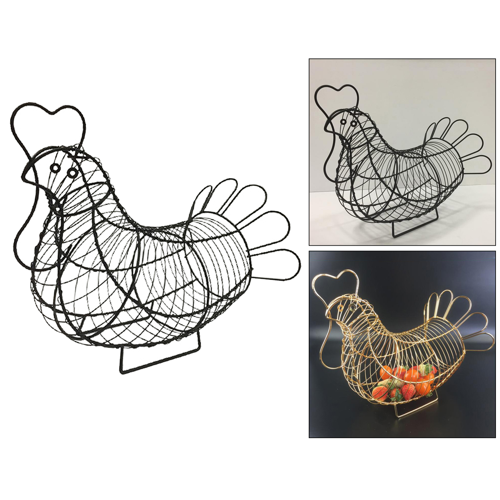 Black Chicken Hen Eggs Storage Basket Wire Art Easter Party Decor Vintage Vegetables Spread Mesh Onions Potatoes Stand