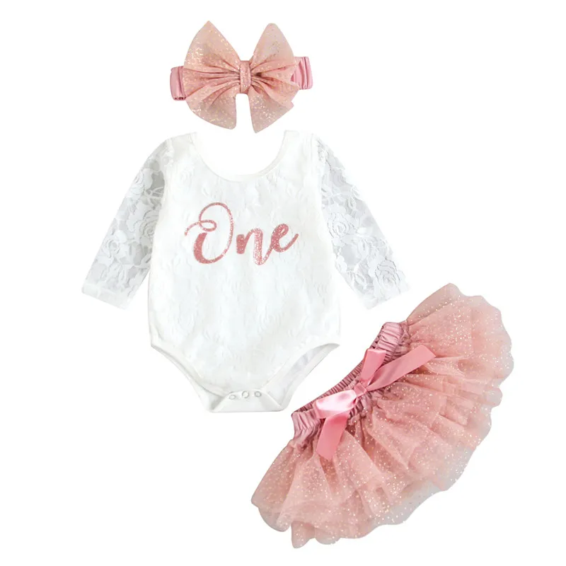 Cute Baby Clothing Girls My First Birthday Outfits Long Sleeve Floral Lace Romper Tutu Skirt Headband Baby's Set Baby Clothing Set