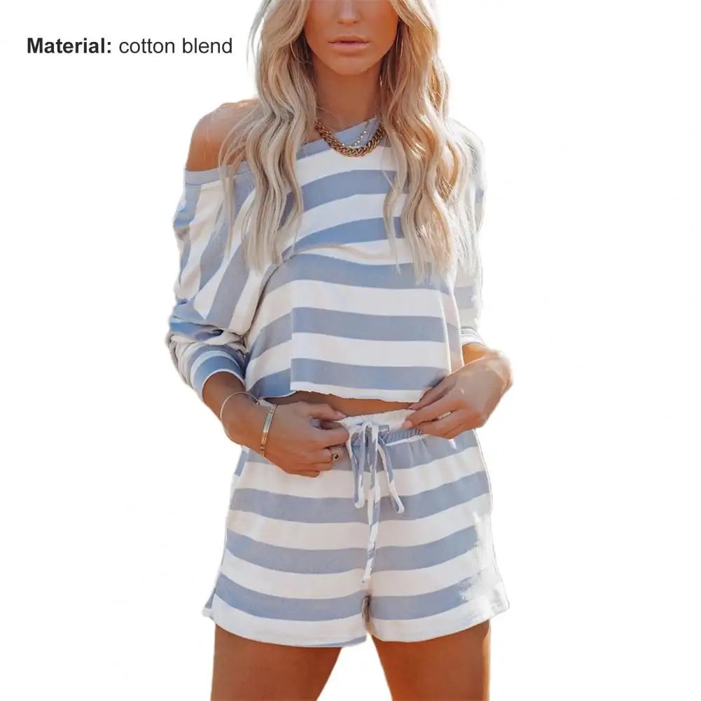 matching top and trousers set Summer 2 Pieces Set Leisure Women's Shorts Suit Striped Loose Long Sleeve Sweatshirt Female Sets Casual House Wear Ladies Suits crop top and skirt set