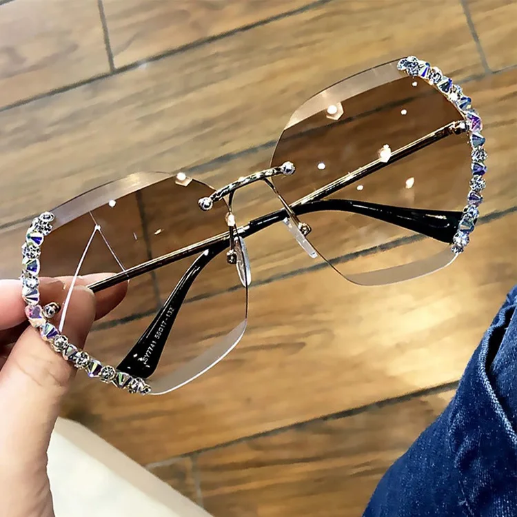 Diamond-inset Purple Gray Rimless Sunglasses Women Fashion Gradient Polygonal Sun Glasses Outdoor Trends 2021 designer sunglasses