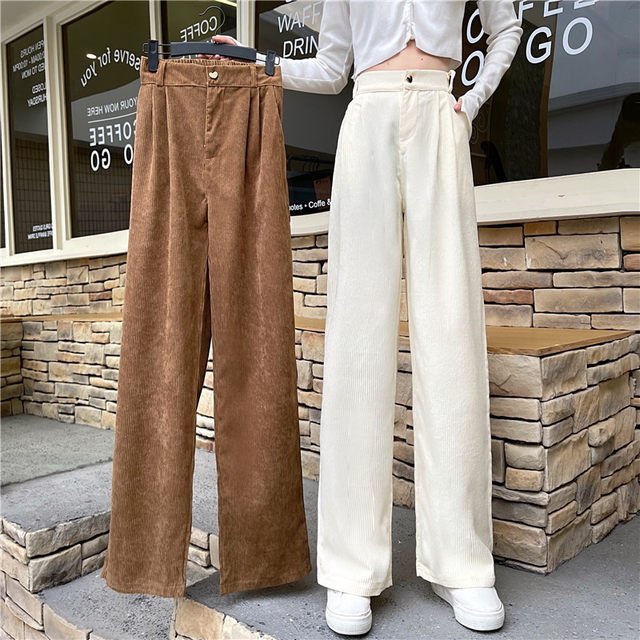 HUCHPI Women's Fashion Temperament Personality Solid Color Elastic Waist  Striped Straight Leg Casual Pants Corduroy Pants