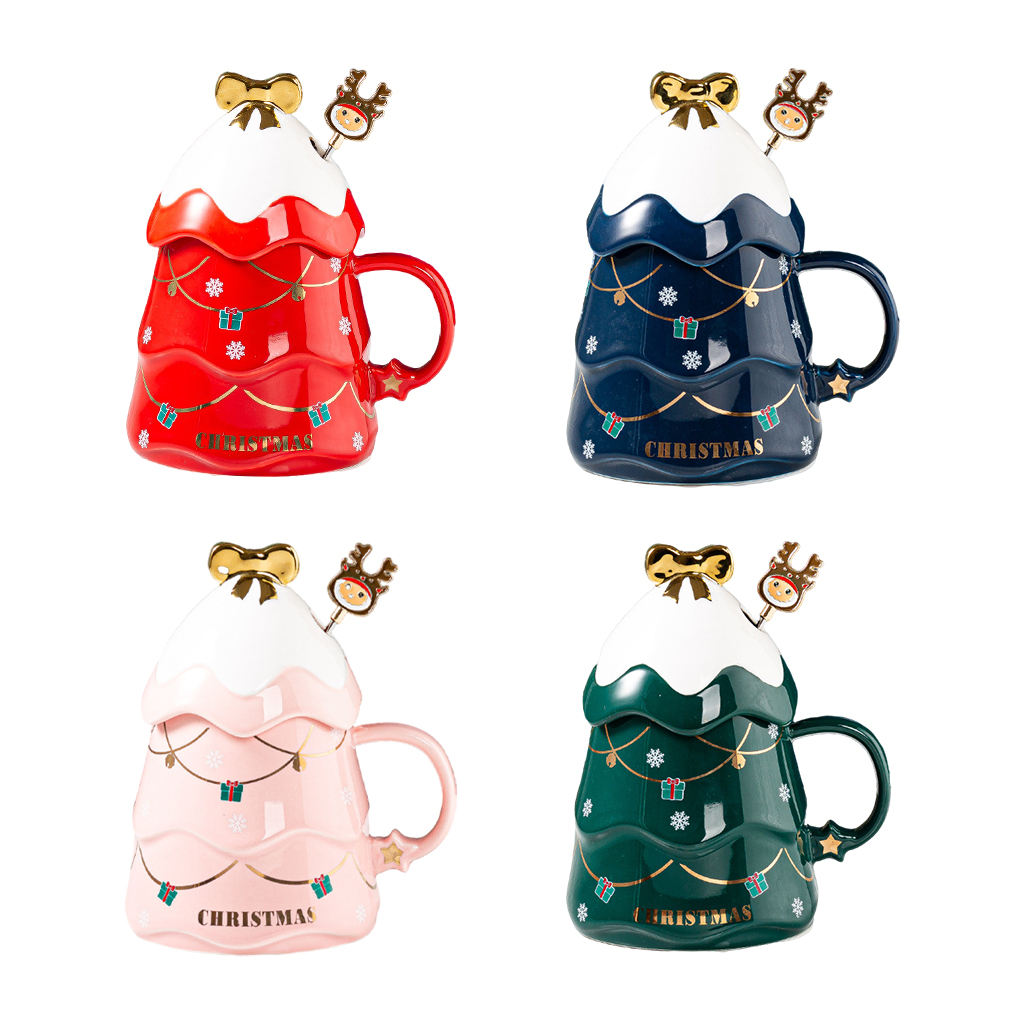 1PC Decorative Christmas Tree Coffee Mug 17oz Painted with Lid Novelty Drinking Mug Tea Cup for Daily use Men Women