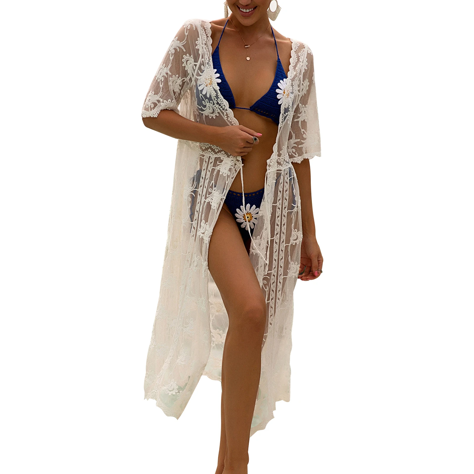 Female Bikini Cover Ups Lace Floral Deep V-Neck Short Sleeve Hollow Out Beach Dress Smock Coat for Women Swimwears Beach Robe Cover Up