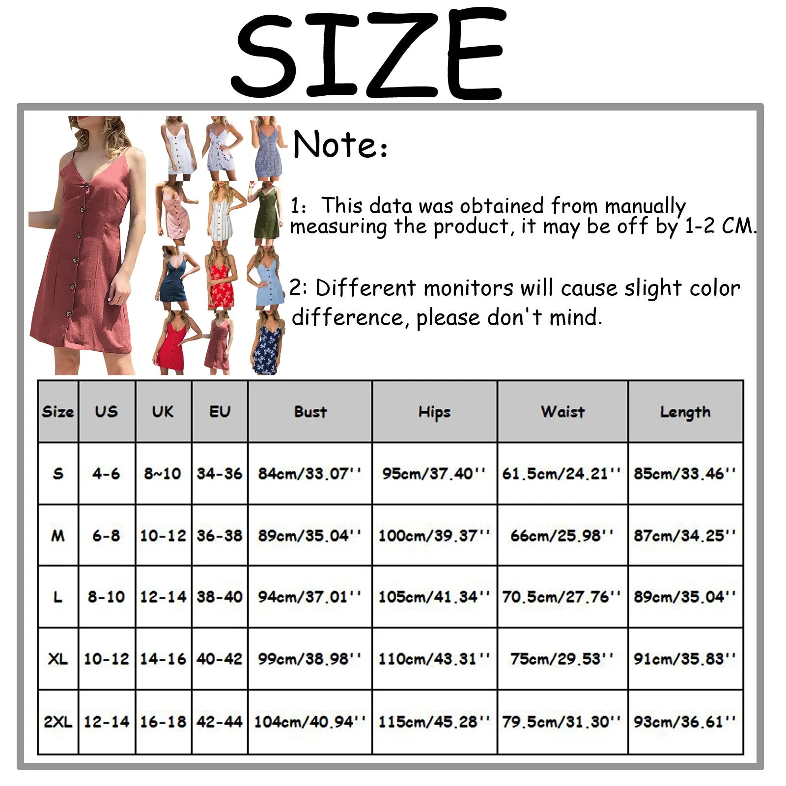 Size Chart: V-neck Straps And Tie Back Buttoned Mini Dress
