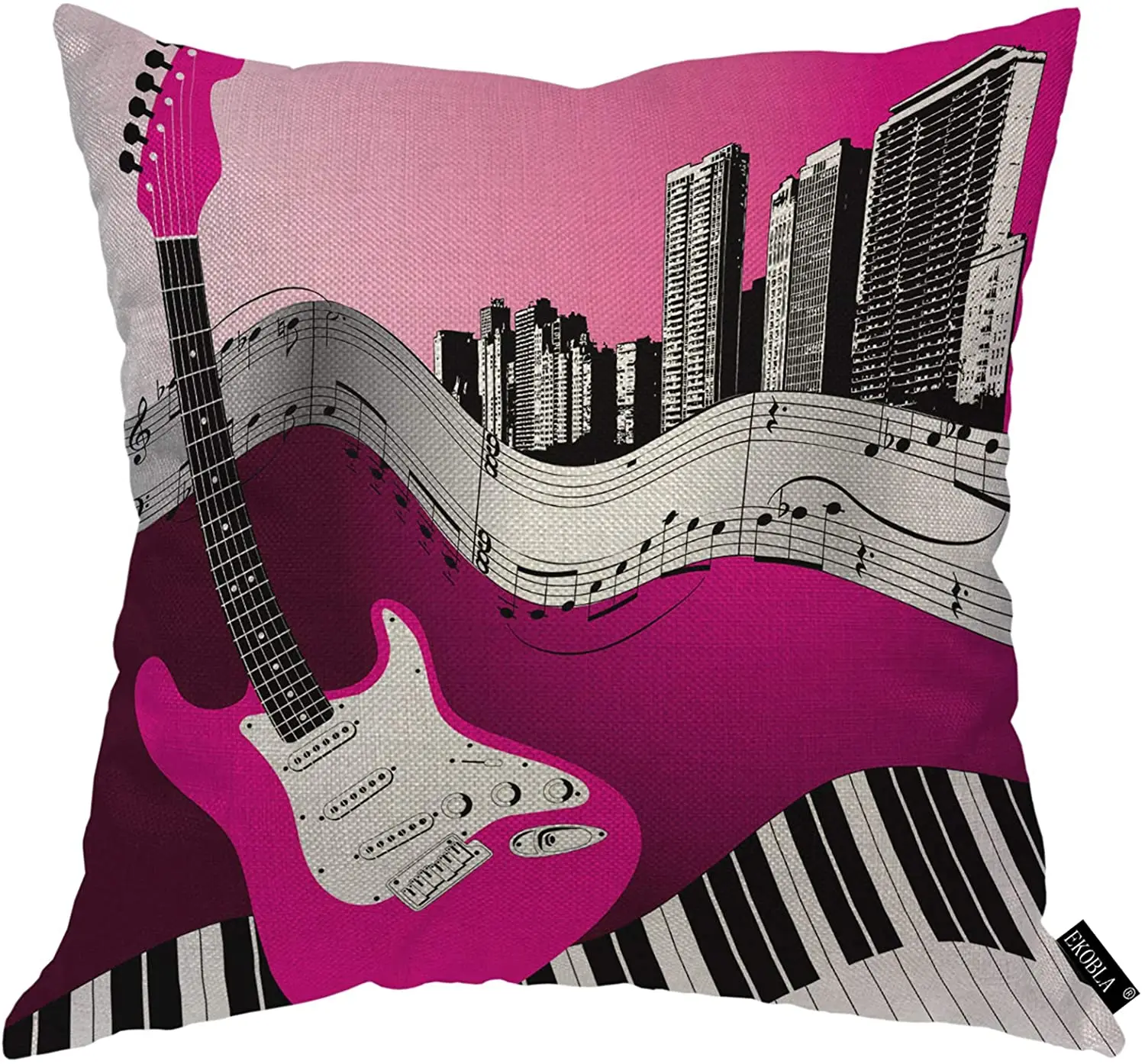 EKOBLA City Guitar Throw Pillow Cover Bustling City Music Note Dots Piano Keyboard String Pink Cozy Square Cushion Case for Men Women Boys Girls Room Home Decor Cotton Linen 18x18 Inch 