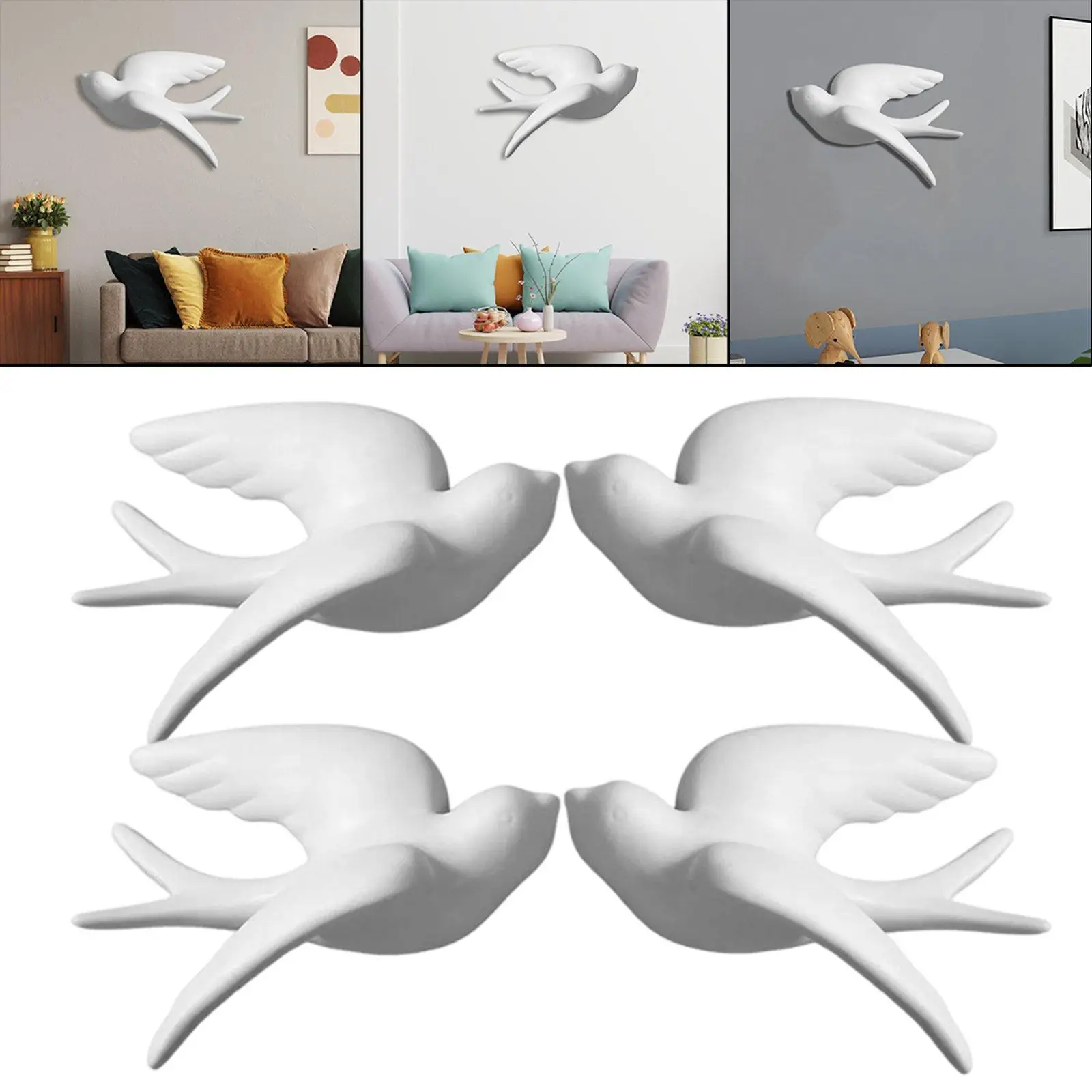 4Pieces Simplicity 3D Bird Sparrow Mural Wall Hanging Sculptures Decor Living Room Dining Office Garden Decorative