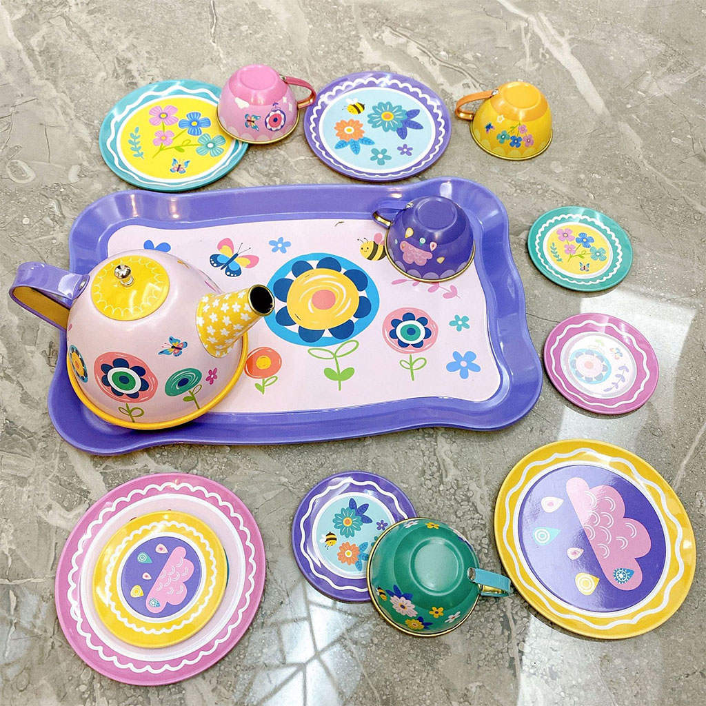 Tinplate Toys Tea Set with Tea Party Accessories Toy Dishes and Utensils Tea Party Set for Boys Toddler Kitchen Pretend Play