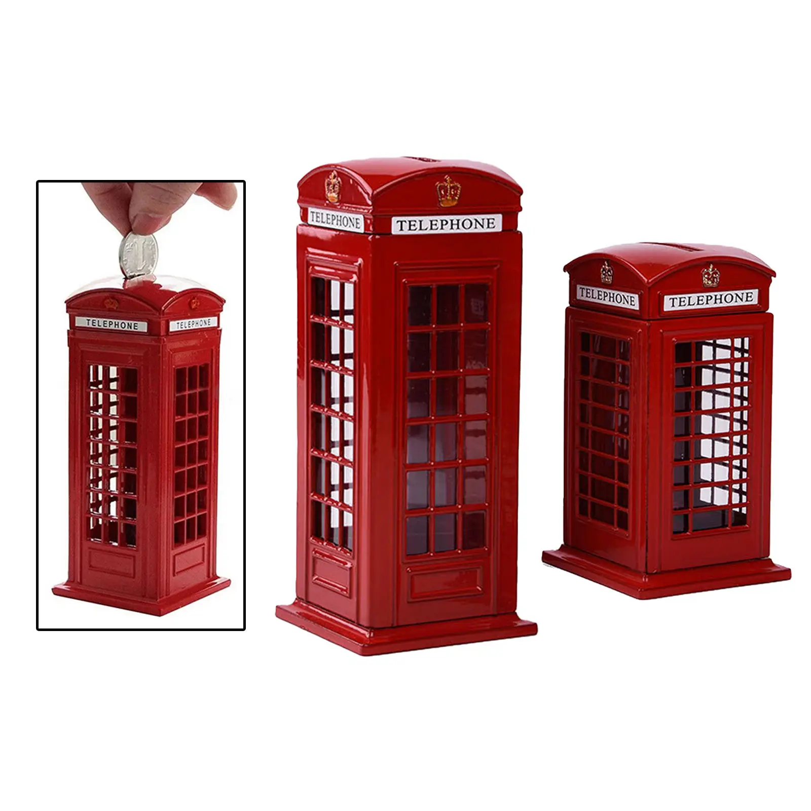 Metal Red British English London Telephone Booth Bank Coin Bank Saving Pot Piggy Bank Red Phone Booth Box Decor Container