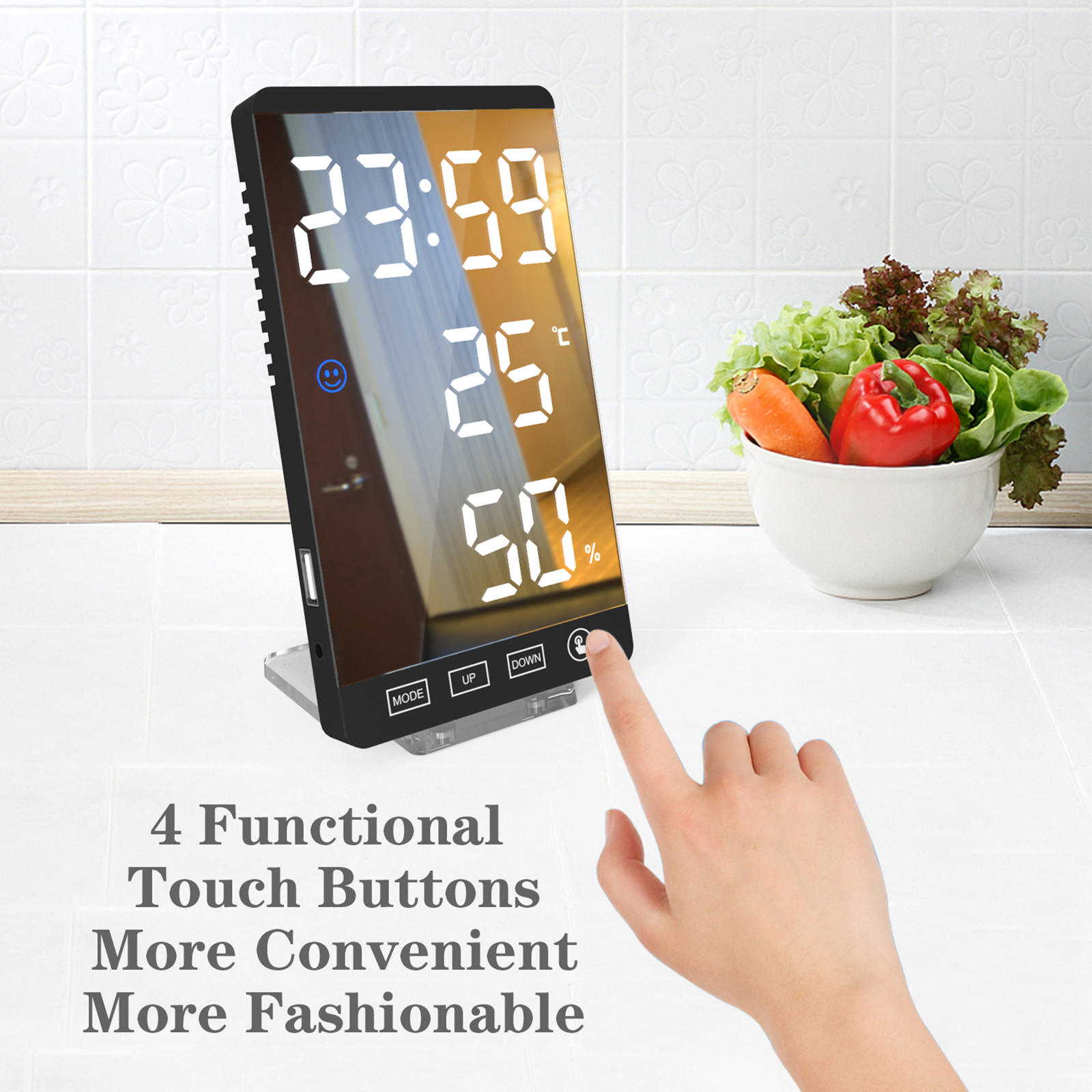 6 Inch LED Mirror Alarm Clock Touch Button Wall Digital Clock Time Temperature Humidity Display USB Output Port Table Clock