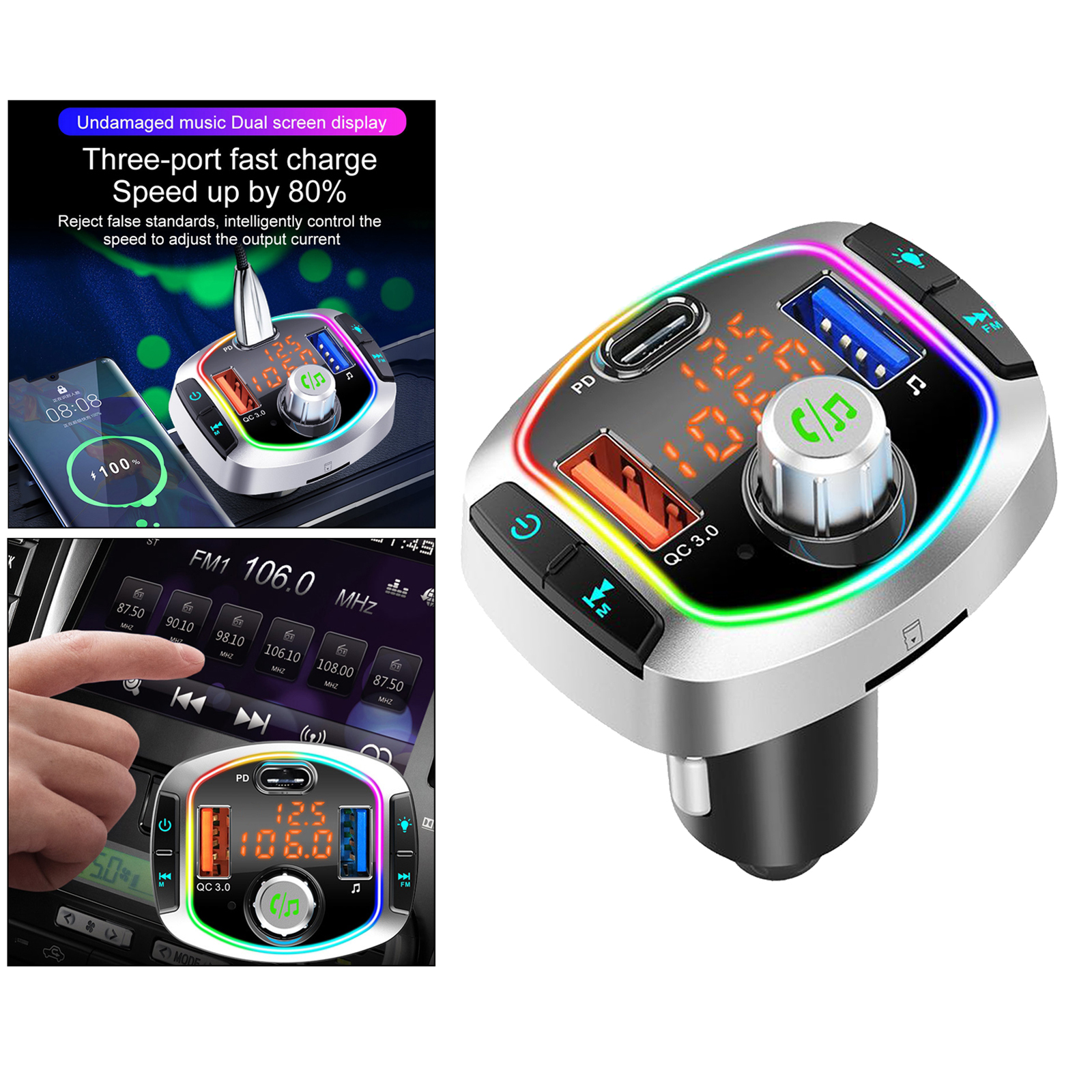 Car Bluetooth V5.0 FM Transmitter PD Fast Charge 6 RGB Color Backlit USB Drive U disk MP3 Player