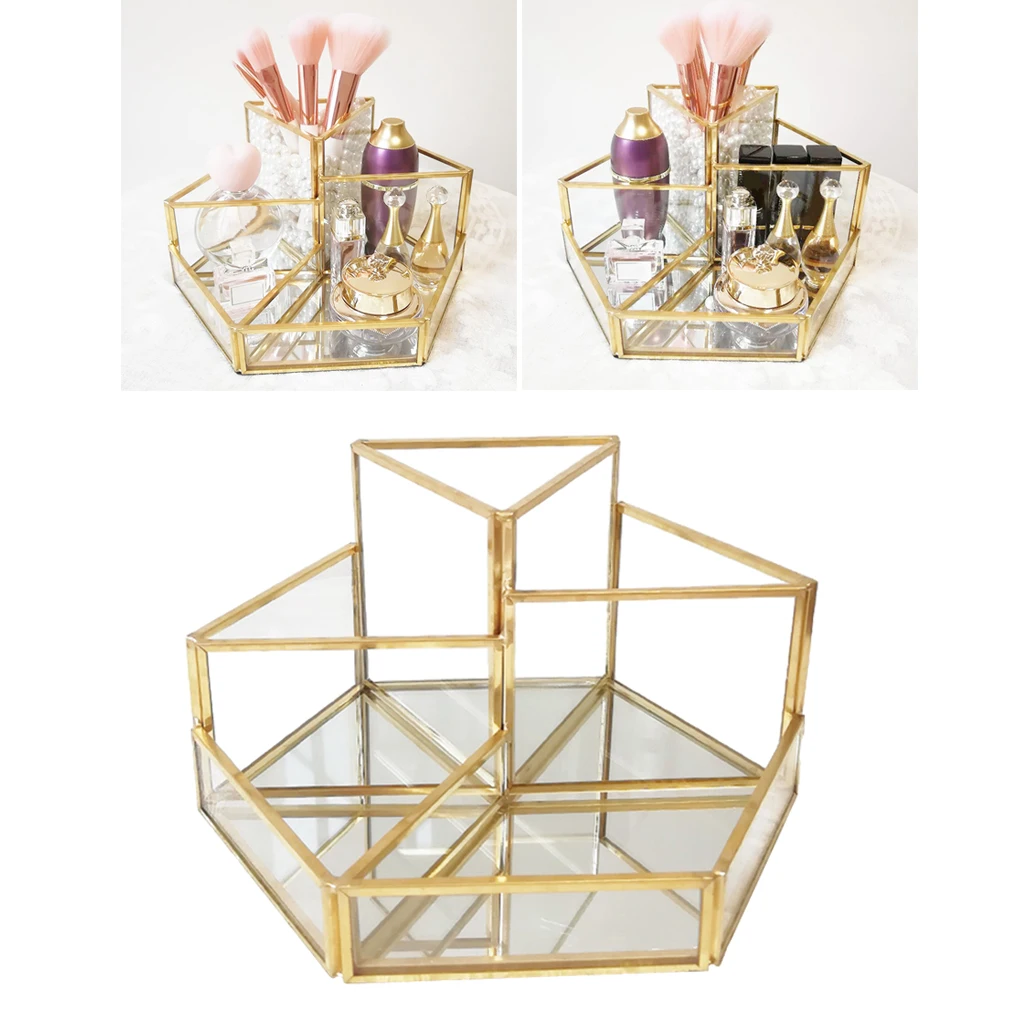 Transparent Makeup Brush Storage Box Organizer Glass Cosmetics Dressing Table Vanity Jewelry Storage Box with 4 Grids