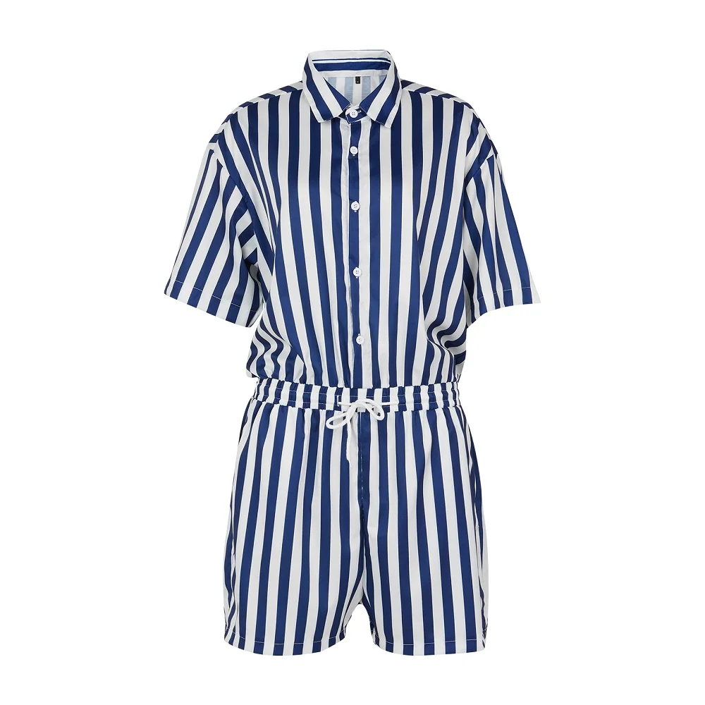 Men’s Casual Short-sleeved Jumpsuit 2021 Hot Sale Lapel Fashion Stripe Single-breasted Jumpsuits Summer Casual Rompers Overalls checkered pajama pants