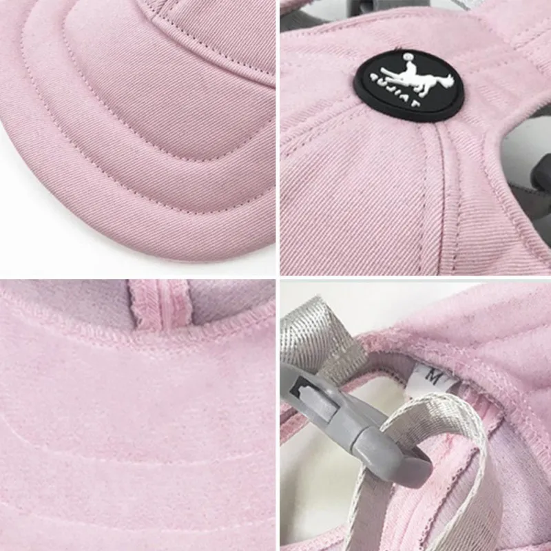 Un primer plano de una gorra rosa con un logo negro en el frente. La gorra parece tener un mecanismo de ajuste de correa en la parte posterior, que es típico de las gorras para garantizar un ajuste seguro.