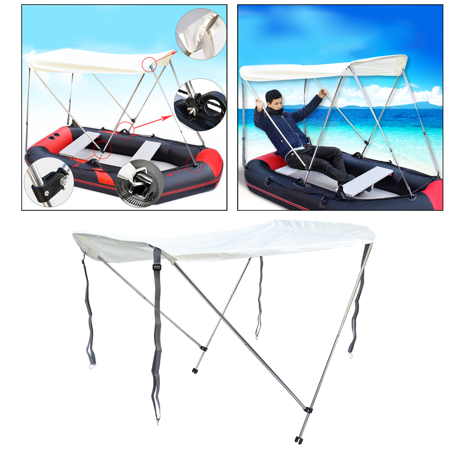 Foldable Bimini Top Boat Cover Canopy Fishing Boat Anti-UV Top Cover Bimini Top Kayak Awning Sunshade fits for 3-4 Person Boat