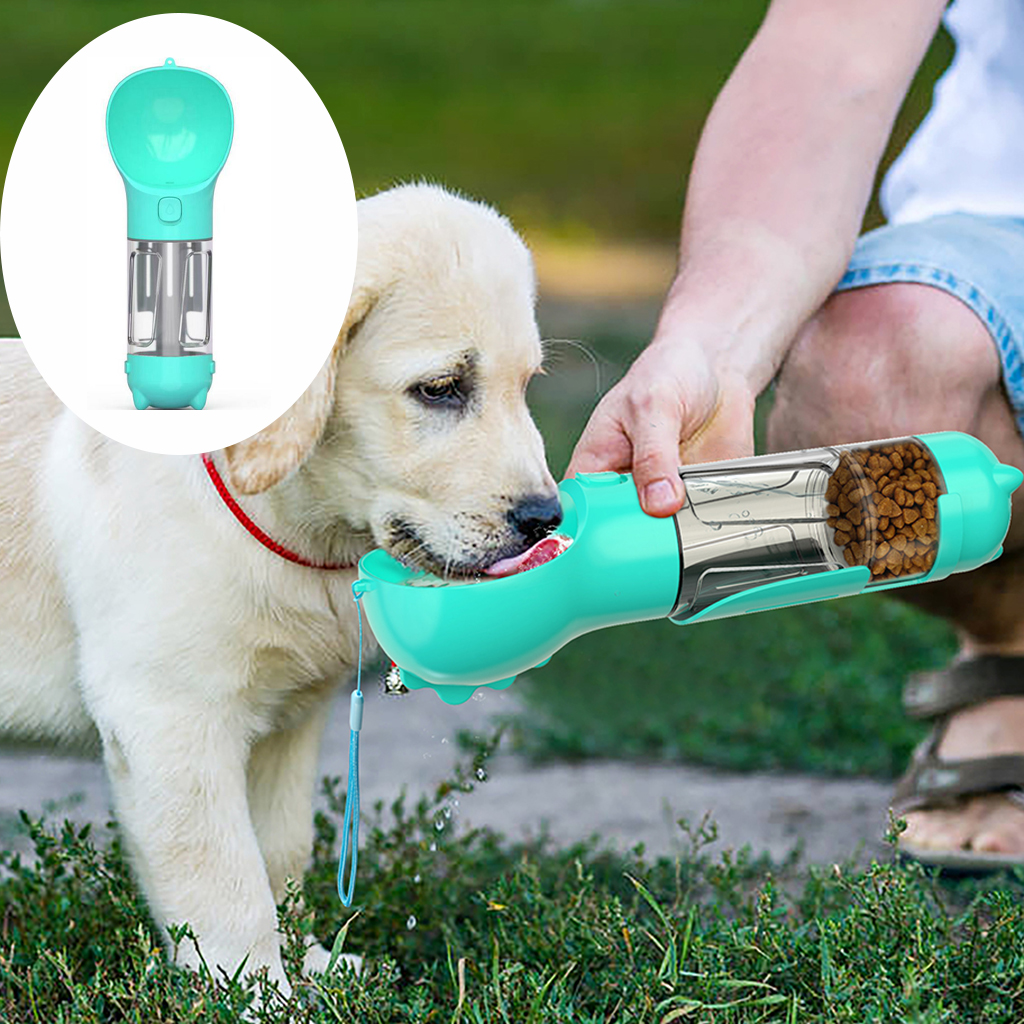 4 in 1 Dog Travel Water Bottle Dispenser Pet Bowl for Walking Outdoor, Multifunctional Water Food Feeder with Garbage Bag