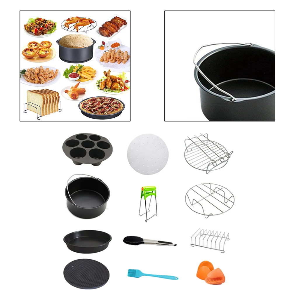 Round Air Fryer Accessories 7 inch Dishwasher Safe Cake Pan Metal Holder Silicone Mat Silicone Oil Brush