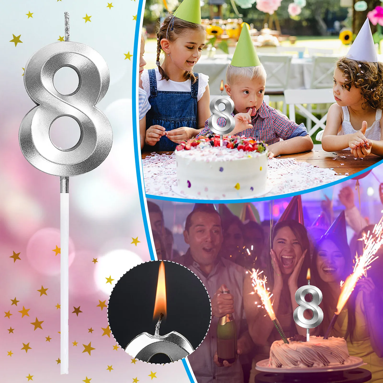 3 Nr Nana s Party Flashing Number Candle Holder & 4 Torta di Compleanno Candele {Unico} Age Decorazione 