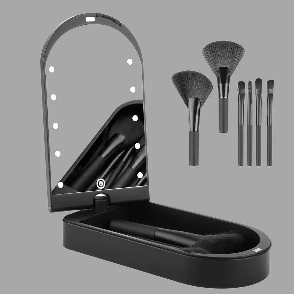 Household Makeup Mirror Box Makeup Brush Set 360Rotation Touch Switch Light with 6 Makeup Brushes and Storage Box for Travel