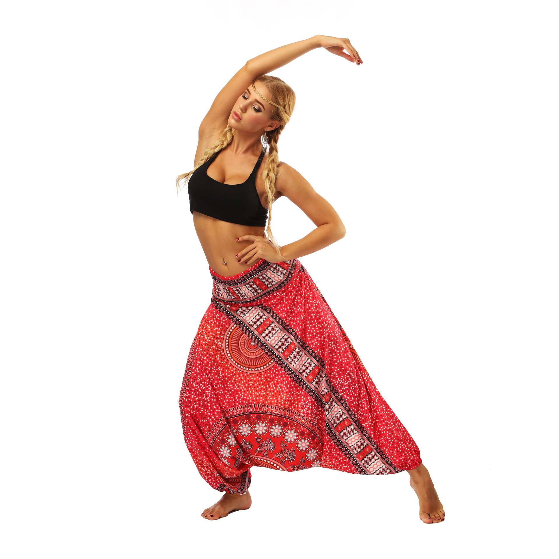 Women's ethnic style digital printing wide leg pants bloomers loose yoga pants large size high waist pants women's sports