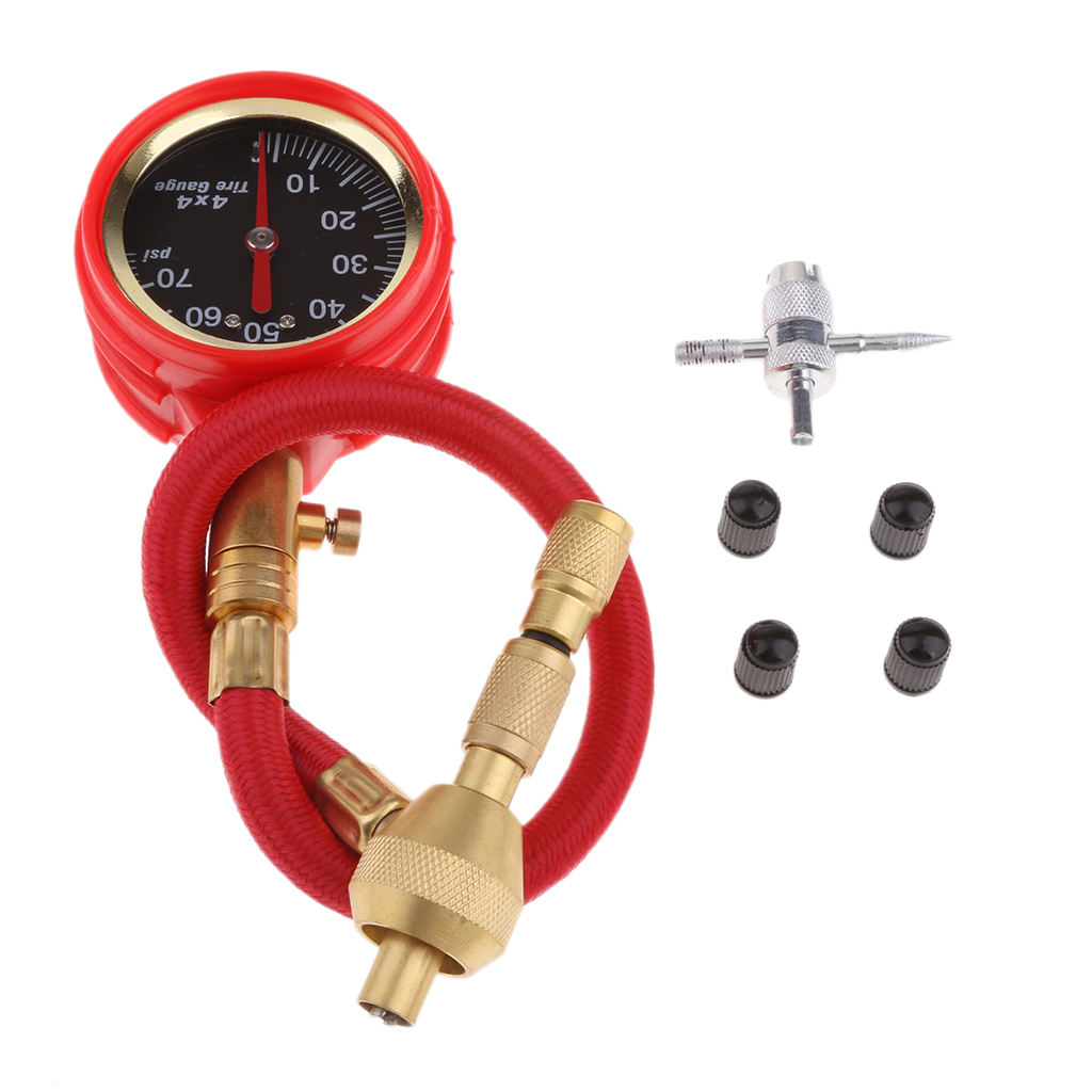 Red Mechanical Pointer Tire Pressure Gauge Tyre Deflator Kit with 4 Valve  for Automobile Cars Trucks Tire Repair Tools