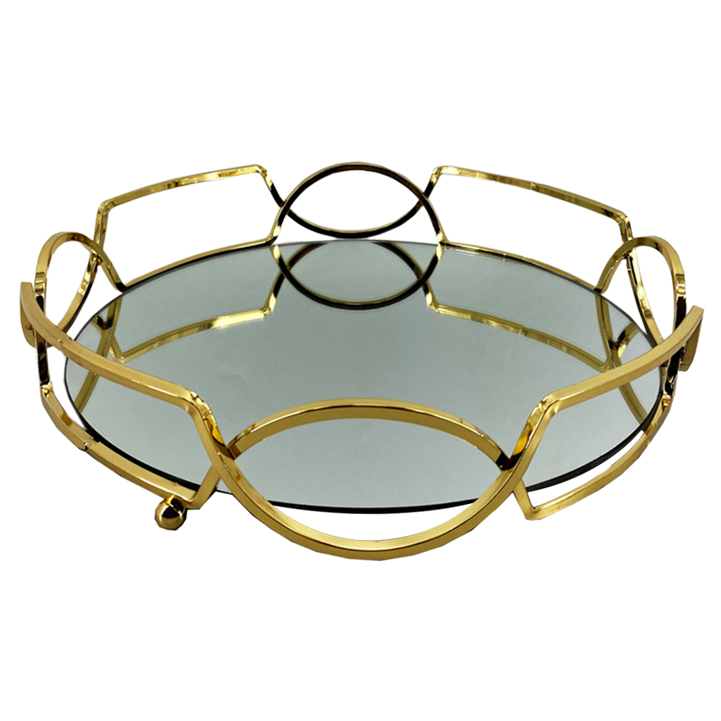 Mirrored Vanity Tray with Metal Frame Ornate Tray for Perfume, Jewelry and Makeup Organizer Food Fruit Serving Tray Plate